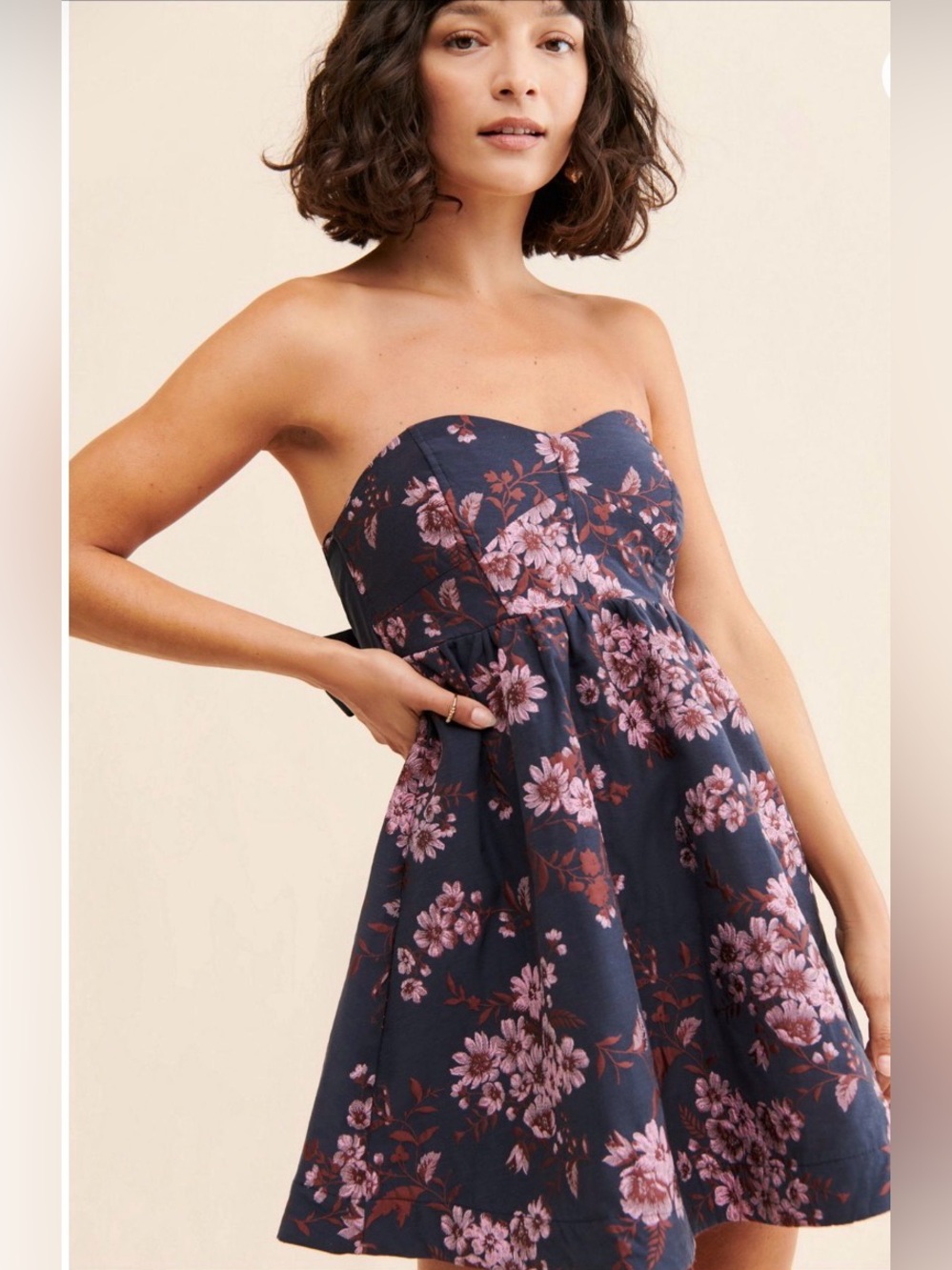 Reformation Matilda Strapless Navy Floral A-Line Dress - Pink Blossom